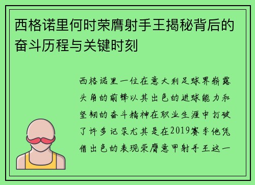 西格诺里何时荣膺射手王揭秘背后的奋斗历程与关键时刻